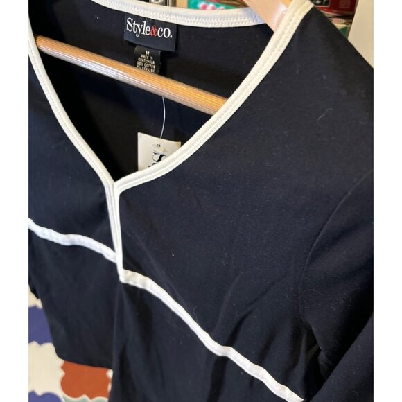 Style & Co. NWT Womens Black Long Sleeve Top White Trim Size M - Picture 4 of 7
